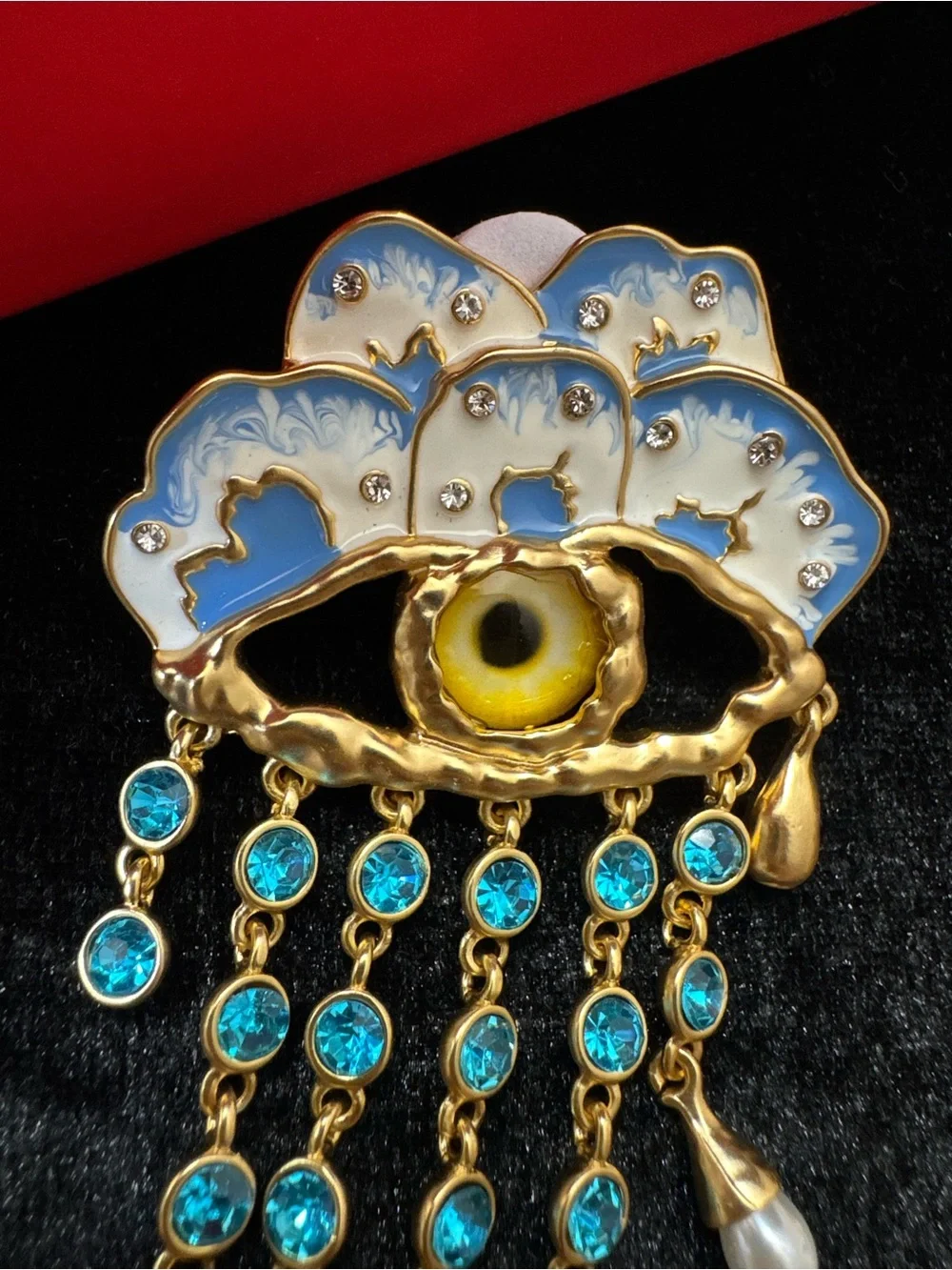 Schiaparelli inspired Eyelash Dangle Earrings - Gold Tone with blue crystals